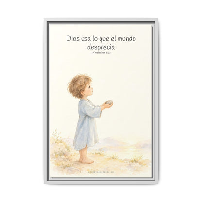 Dios usa lo que el mundo desprecia — Lienzo Cristiano Enmarcado | 1 Corintios 1:27 — 16×24 pulgadas, marco blanco, vista frontal