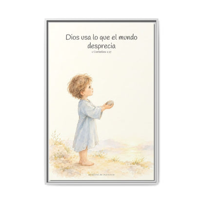 Dios usa lo que el mundo desprecia — Lienzo Cristiano Enmarcado | 1 Corintios 1:27 — 24×36 pulgadas, marco blanco, vista frontal