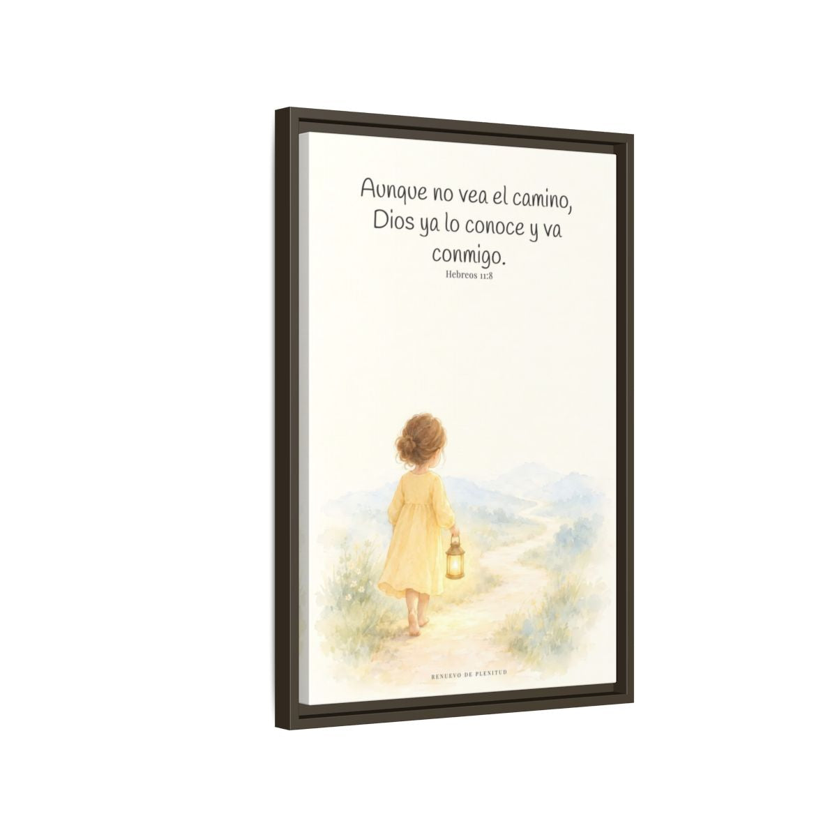 Dios va conmigo aunque no vea el camino — Lienzo Cristiano Enmarcado | Hebreos 11:8 — 16×24 pulgadas, marco espresso, vista lateral del marco flotante