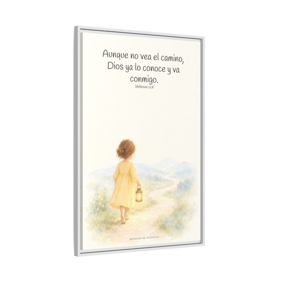 Dios va conmigo aunque no vea el camino — Lienzo Cristiano Enmarcado | Hebreos 11:8 — 24×36 pulgadas, marco blanco, vista lateral del marco flotante