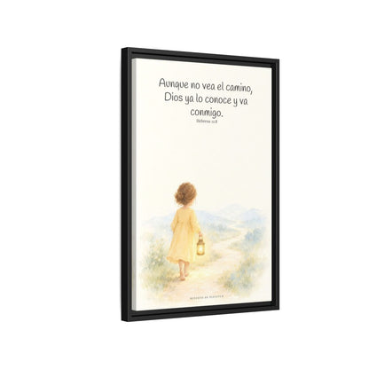 Dios va conmigo aunque no vea el camino — Lienzo Cristiano Enmarcado | Hebreos 11:8 — 16×24 pulgadas, marco negro, vista lateral del marco flotante