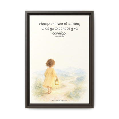 Dios va conmigo aunque no vea el camino — Lienzo Cristiano Enmarcado | Hebreos 11:8 — 12×18 pulgadas, marco espresso, vista frontal