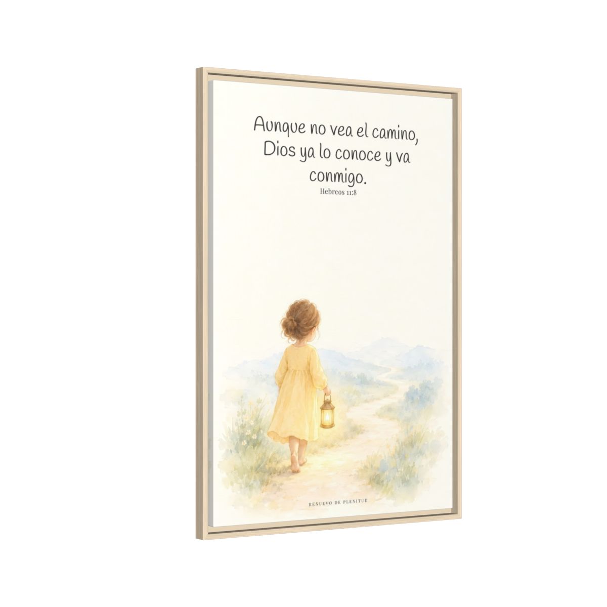 Dios va conmigo aunque no vea el camino — Lienzo Cristiano Enmarcado | Hebreos 11:8 — 24×36 pulgadas, marco natural, vista lateral del marco flotante