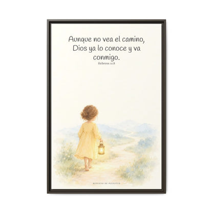 Dios va conmigo aunque no vea el camino — Lienzo Cristiano Enmarcado | Hebreos 11:8 — 24×36 pulgadas, marco espresso, vista frontal