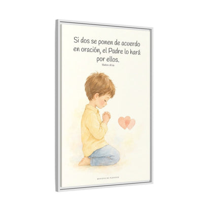 Donde dos se ponen de acuerdo | Cuadro de fe enmarcado | Mateo 18:19 — 24×36 pulgadas, marco blanco, vista lateral del marco flotante