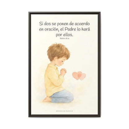 Donde dos se ponen de acuerdo | Cuadro de fe enmarcado | Mateo 18:19 — 24×36 pulgadas, marco espresso, vista frontal