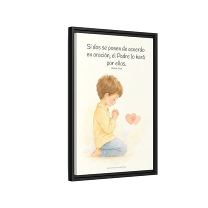 Donde dos se ponen de acuerdo | Cuadro de fe enmarcado | Mateo 18:19 — 16×24 pulgadas, marco negro, vista lateral del marco flotante