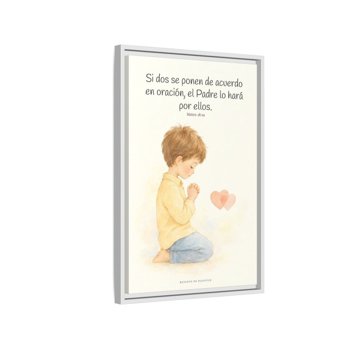 Donde dos se ponen de acuerdo | Cuadro de fe enmarcado | Mateo 18:19 — 16×24 pulgadas, marco blanco, vista lateral del marco flotante