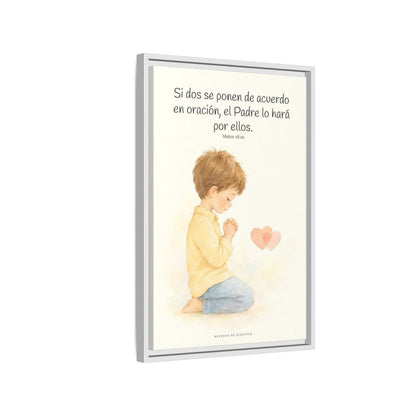 Donde dos se ponen de acuerdo | Cuadro de fe enmarcado | Mateo 18:19 — 16×24 pulgadas, marco blanco, vista lateral del marco flotante