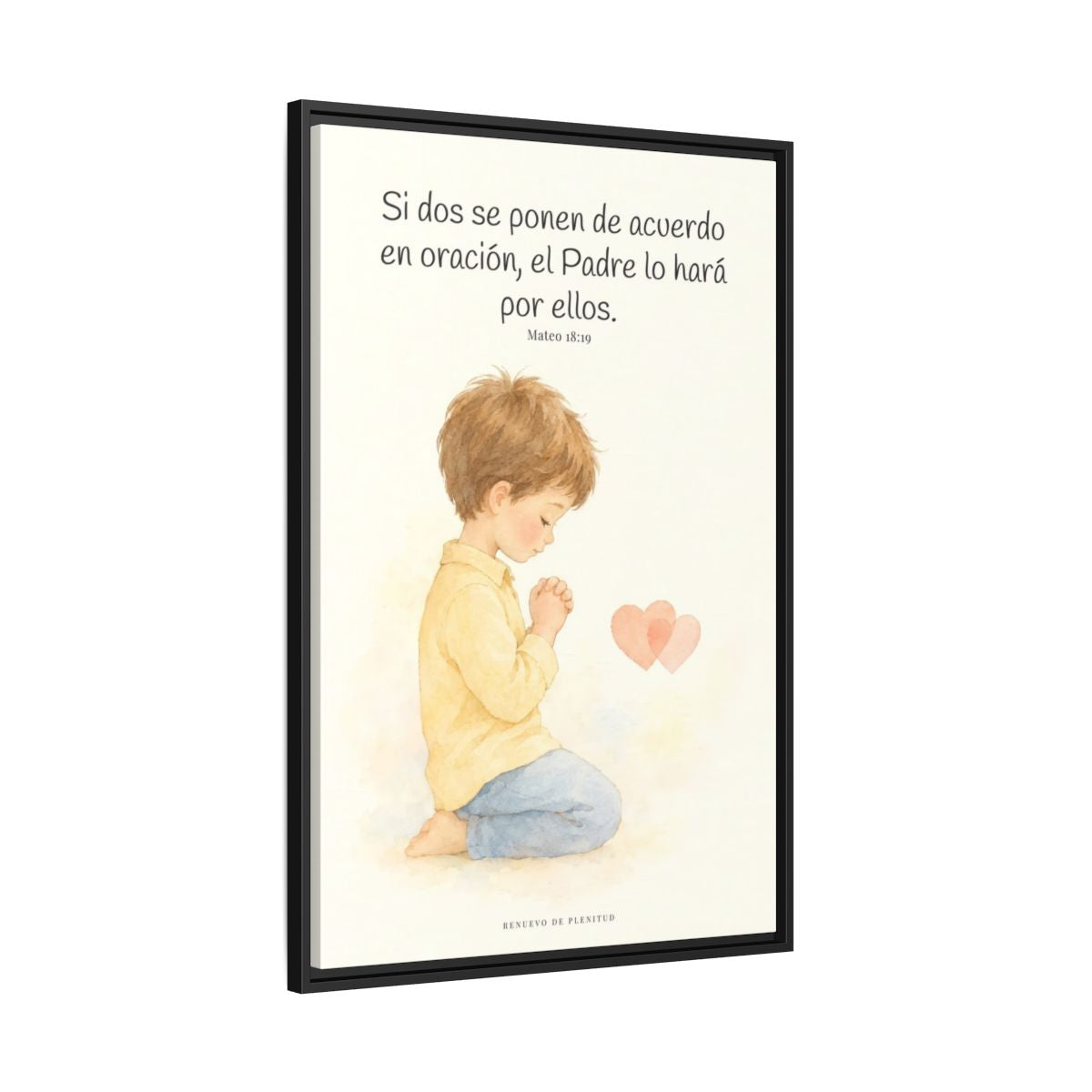Donde dos se ponen de acuerdo | Cuadro de fe enmarcado | Mateo 18:19 — 24×36 pulgadas, marco negro, vista lateral del marco flotante