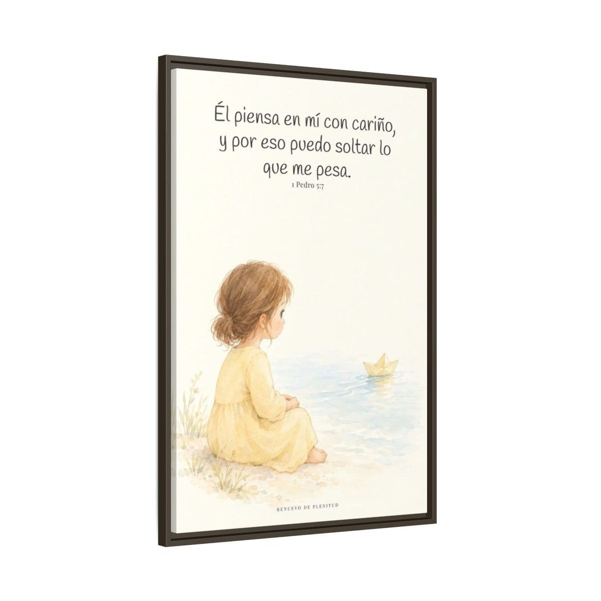 Echa Toda Tu Ansiedad Sobre Dios — Lienzo Cristiano Enmarcado | 1 Pedro 5:7 — 24×36 pulgadas, marco espresso, vista lateral del marco flotante