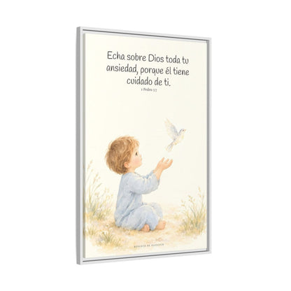 Echa Toda Tu Ansiedad Sobre Dios — Lienzo Cristiano Enmarcado | 1 Pedro 5:7 — 24×36 pulgadas, marco blanco, vista lateral del marco flotante