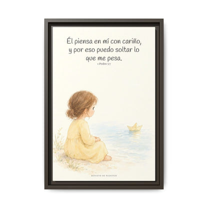 Echa Toda Tu Ansiedad Sobre Dios — Lienzo Cristiano Enmarcado | 1 Pedro 5:7 — 12×18 pulgadas, marco espresso, vista frontal