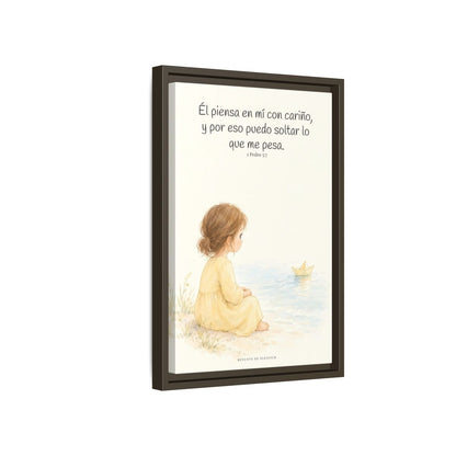Echa Toda Tu Ansiedad Sobre Dios — Lienzo Cristiano Enmarcado | 1 Pedro 5:7 — 12×18 pulgadas, marco espresso, vista lateral del marco flotante