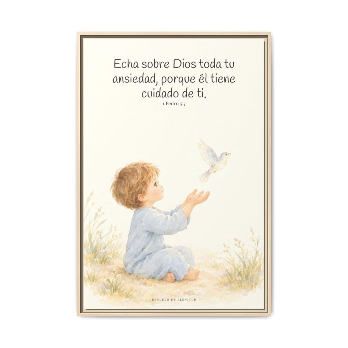 Echa Toda Tu Ansiedad Sobre Dios — Lienzo Cristiano Enmarcado | 1 Pedro 5:7 — 24×36 pulgadas, marco natural, vista frontal