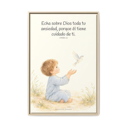 Echa Toda Tu Ansiedad Sobre Dios — Lienzo Cristiano Enmarcado | 1 Pedro 5:7 — 24×36 pulgadas, marco natural, vista frontal