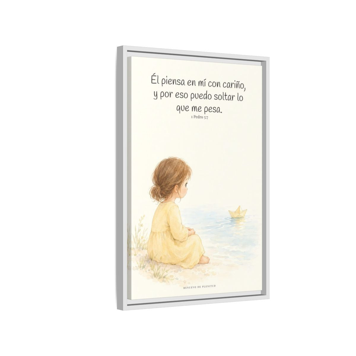Echa Toda Tu Ansiedad Sobre Dios — Lienzo Cristiano Enmarcado | 1 Pedro 5:7 — 16×24 pulgadas, marco blanco, vista lateral del marco flotante
