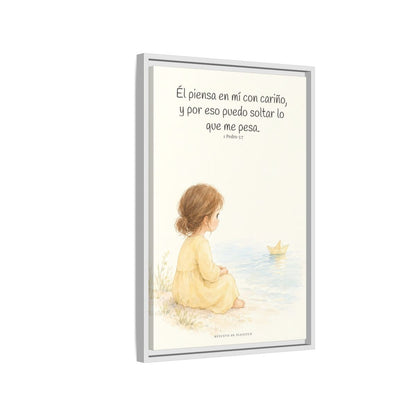 Echa Toda Tu Ansiedad Sobre Dios — Lienzo Cristiano Enmarcado | 1 Pedro 5:7 — 16×24 pulgadas, marco blanco, vista lateral del marco flotante