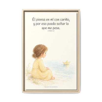 Echa Toda Tu Ansiedad Sobre Dios — Lienzo Cristiano Enmarcado | 1 Pedro 5:7 — 16×24 pulgadas, marco natural, vista frontal