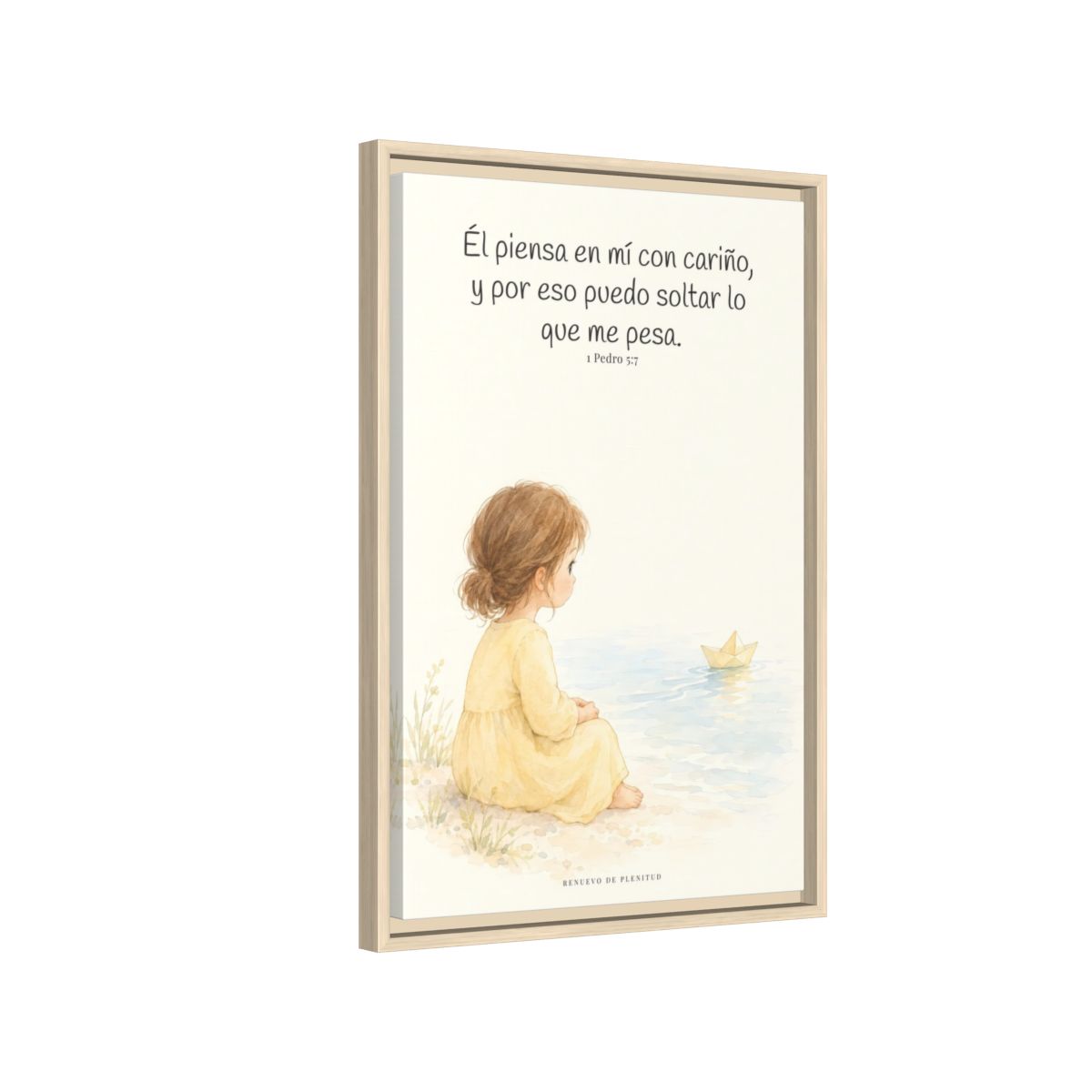 Echa Toda Tu Ansiedad Sobre Dios — Lienzo Cristiano Enmarcado | 1 Pedro 5:7 — 16×24 pulgadas, marco natural, vista lateral del marco flotante