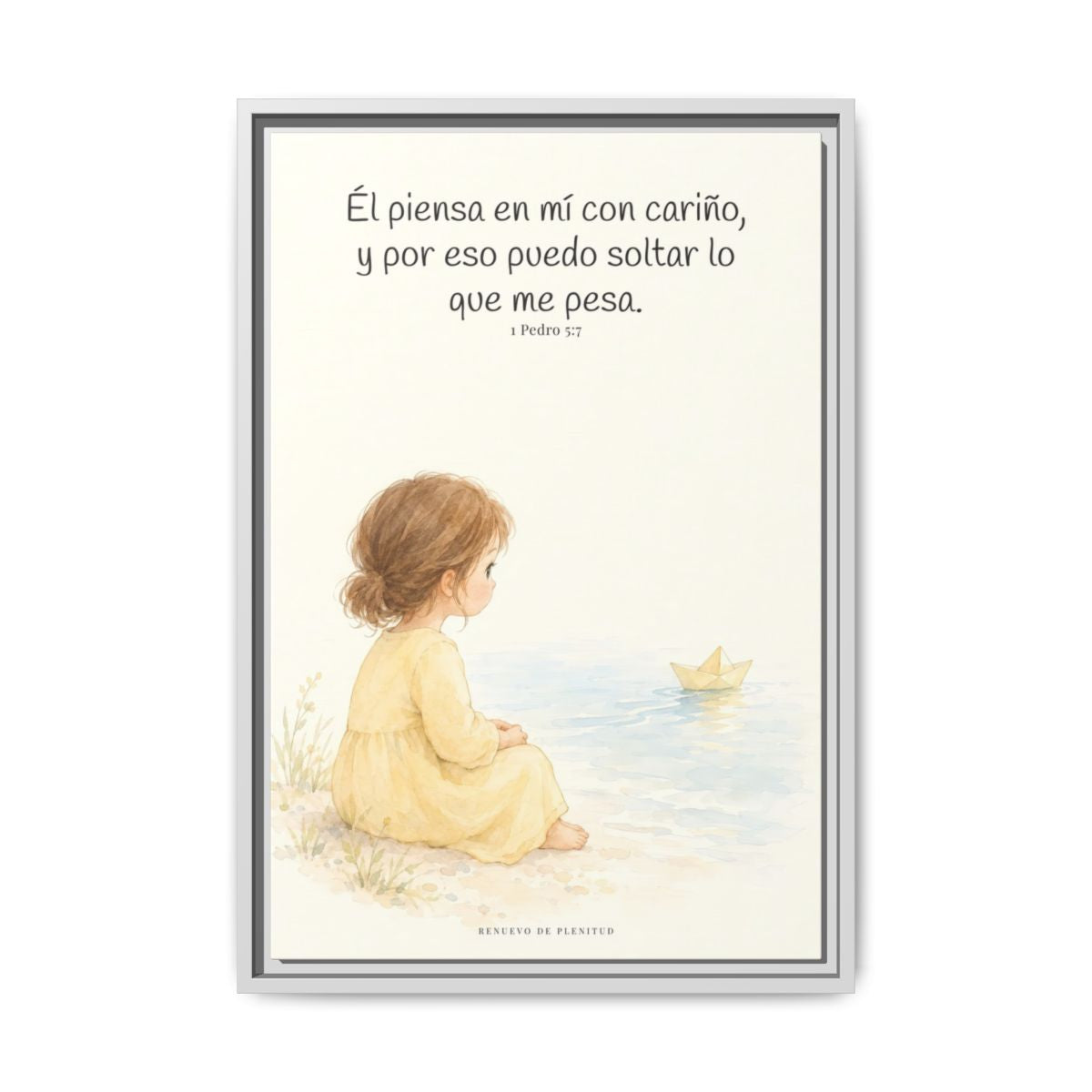 Echa Toda Tu Ansiedad Sobre Dios — Lienzo Cristiano Enmarcado | 1 Pedro 5:7 — 16×24 pulgadas, marco blanco, vista frontal