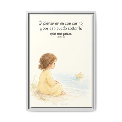 Echa Toda Tu Ansiedad Sobre Dios — Lienzo Cristiano Enmarcado | 1 Pedro 5:7 — 16×24 pulgadas, marco blanco, vista frontal