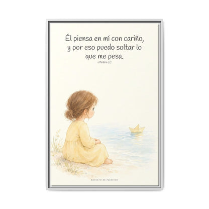 Echa Toda Tu Ansiedad Sobre Dios — Lienzo Cristiano Enmarcado | 1 Pedro 5:7 — 24×36 pulgadas, marco blanco, vista frontal