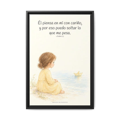 Echa Toda Tu Ansiedad Sobre Dios — Lienzo Cristiano Enmarcado | 1 Pedro 5:7 — 16×24 pulgadas, marco negro, vista frontal