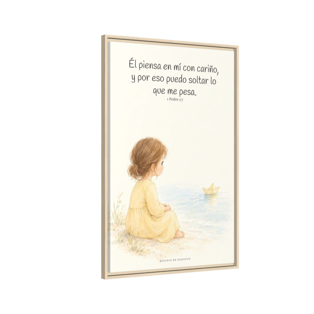 Echa Toda Tu Ansiedad Sobre Dios — Lienzo Cristiano Enmarcado | 1 Pedro 5:7 — 24×36 pulgadas, marco natural, vista lateral del marco flotante