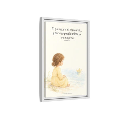 Echa Toda Tu Ansiedad Sobre Dios — Lienzo Cristiano Enmarcado | 1 Pedro 5:7 — 12×18 pulgadas, marco blanco, vista lateral del marco flotante