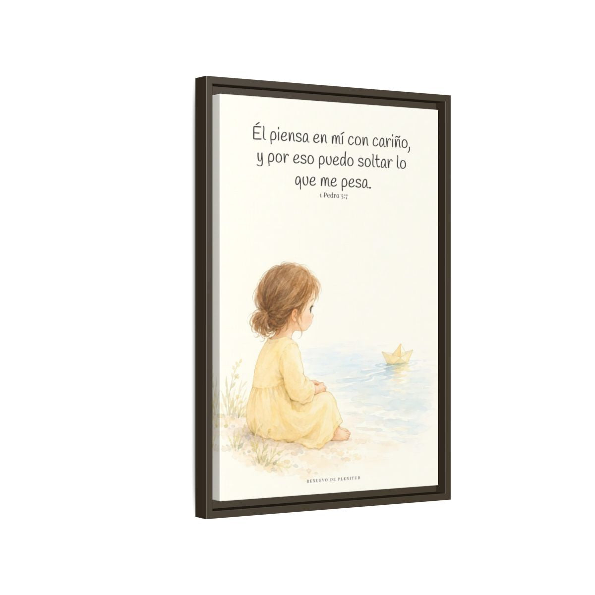 Echa Toda Tu Ansiedad Sobre Dios — Lienzo Cristiano Enmarcado | 1 Pedro 5:7 — 16×24 pulgadas, marco espresso, vista lateral del marco flotante