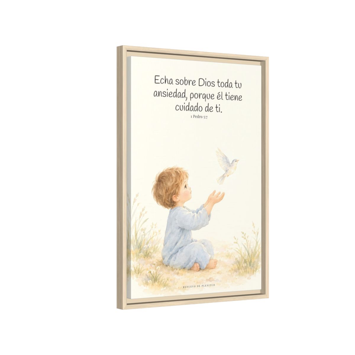 Echa Toda Tu Ansiedad Sobre Dios — Lienzo Cristiano Enmarcado | 1 Pedro 5:7 — 16×24 pulgadas, marco natural, vista lateral del marco flotante
