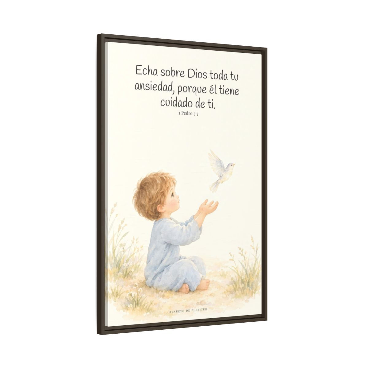 Echa Toda Tu Ansiedad Sobre Dios — Lienzo Cristiano Enmarcado | 1 Pedro 5:7 — 24×36 pulgadas, marco espresso, vista lateral del marco flotante