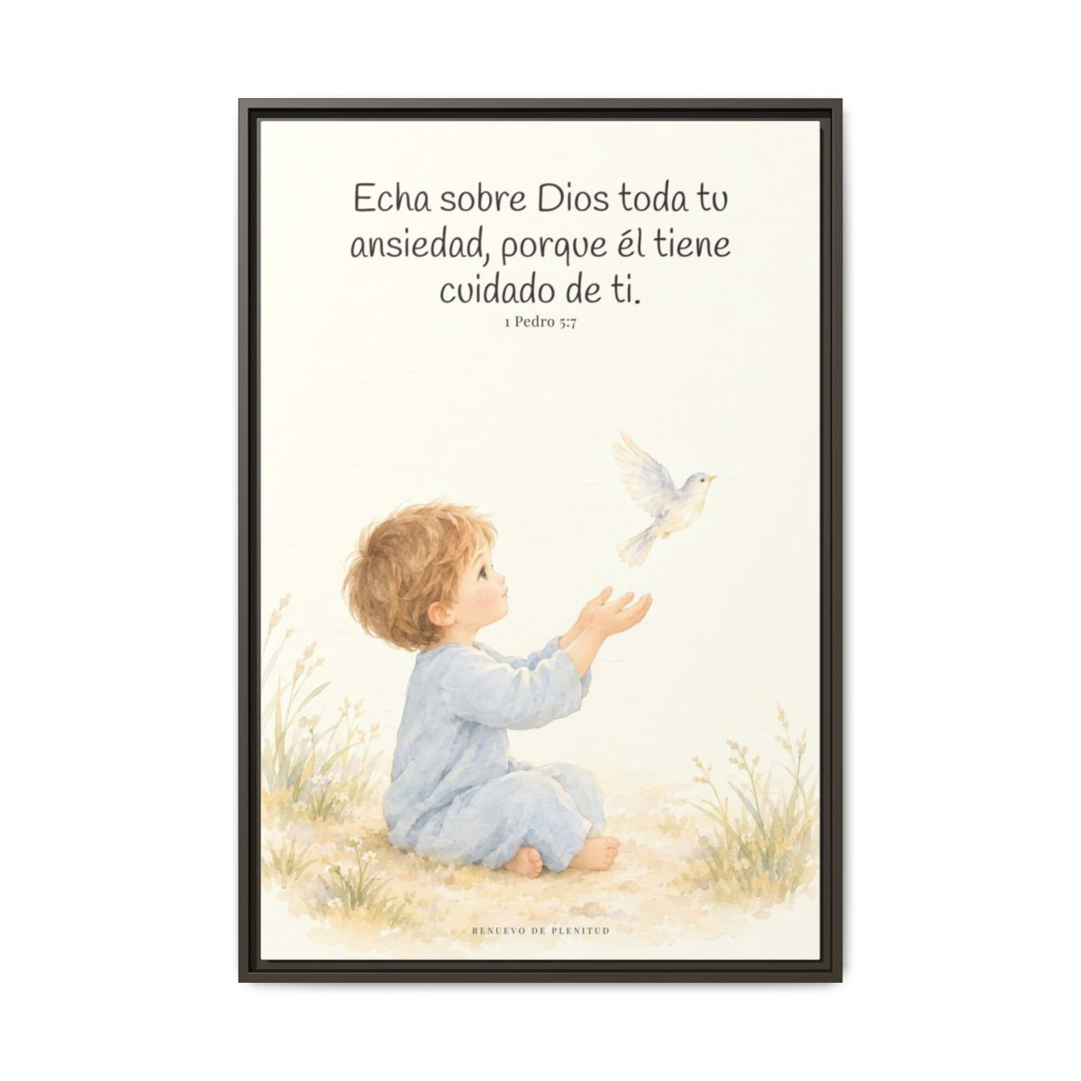 Echa Toda Tu Ansiedad Sobre Dios — Lienzo Cristiano Enmarcado | 1 Pedro 5:7 — 24×36 pulgadas, marco espresso, vista frontal