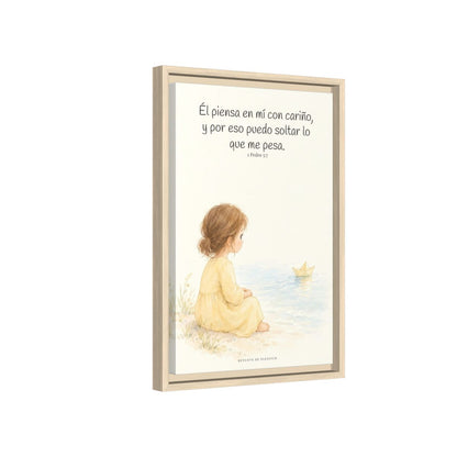 Echa Toda Tu Ansiedad Sobre Dios — Lienzo Cristiano Enmarcado | 1 Pedro 5:7 — 12×18 pulgadas, marco natural, vista lateral del marco flotante
