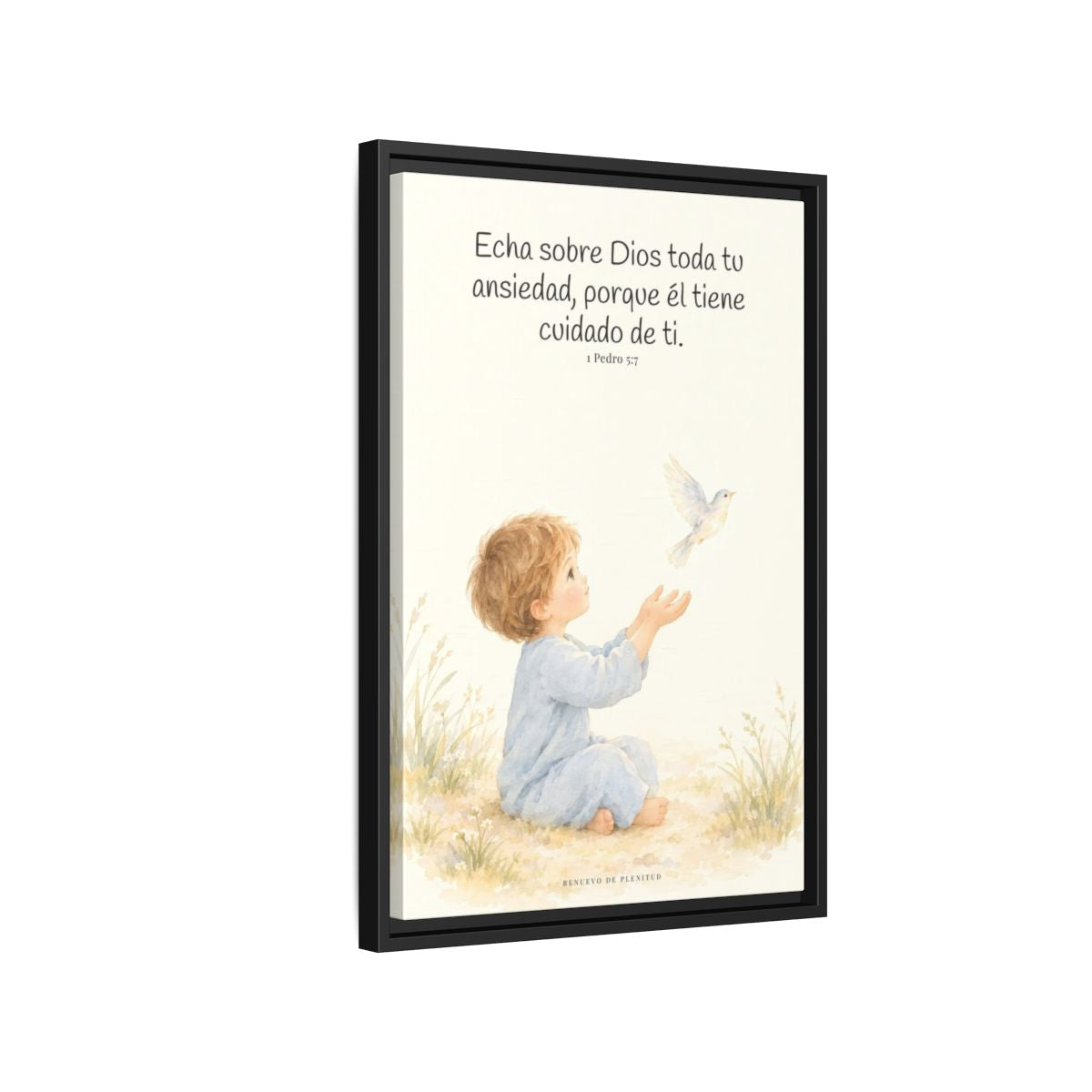 Echa Toda Tu Ansiedad Sobre Dios — Lienzo Cristiano Enmarcado | 1 Pedro 5:7 — 16×24 pulgadas, marco negro, vista lateral del marco flotante