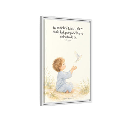 Echa Toda Tu Ansiedad Sobre Dios — Lienzo Cristiano Enmarcado | 1 Pedro 5:7 — 16×24 pulgadas, marco blanco, vista lateral del marco flotante