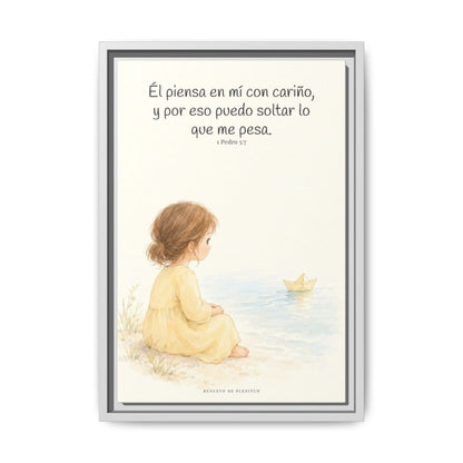 Echa Toda Tu Ansiedad Sobre Dios — Lienzo Cristiano Enmarcado | 1 Pedro 5:7 — 12×18 pulgadas, marco blanco, vista frontal