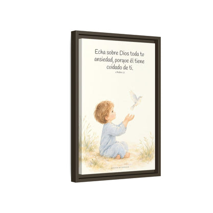 Echa Toda Tu Ansiedad Sobre Dios — Lienzo Cristiano Enmarcado | 1 Pedro 5:7 — 12×18 pulgadas, marco espresso, vista lateral del marco flotante