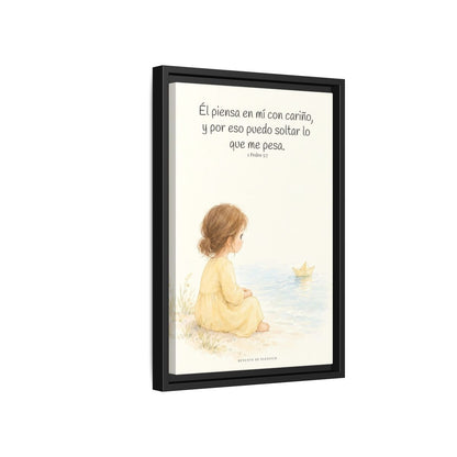Echa Toda Tu Ansiedad Sobre Dios — Lienzo Cristiano Enmarcado | 1 Pedro 5:7 — 12×18 pulgadas, marco negro, vista lateral del marco flotante