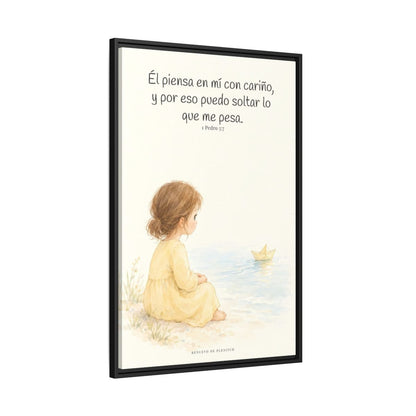 Echa Toda Tu Ansiedad Sobre Dios — Lienzo Cristiano Enmarcado | 1 Pedro 5:7 — 24×36 pulgadas, marco negro, vista lateral del marco flotante