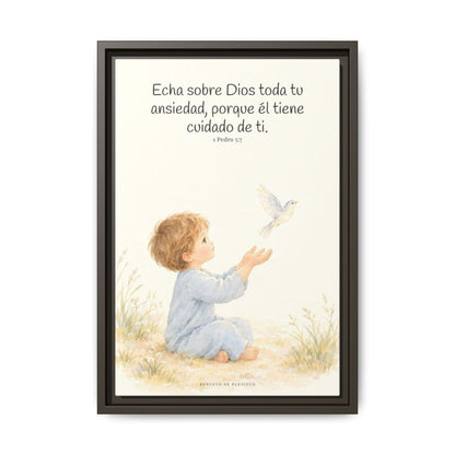 Echa Toda Tu Ansiedad Sobre Dios — Lienzo Cristiano Enmarcado | 1 Pedro 5:7 — 12×18 pulgadas, marco espresso, vista frontal