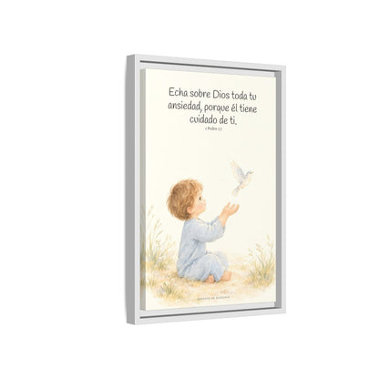 Echa Toda Tu Ansiedad Sobre Dios — Lienzo Cristiano Enmarcado | 1 Pedro 5:7 — 12×18 pulgadas, marco blanco, vista lateral del marco flotante