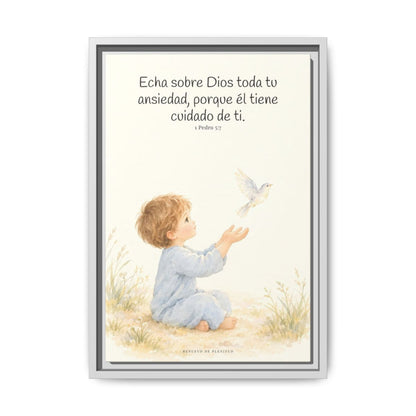 Echa Toda Tu Ansiedad Sobre Dios — Lienzo Cristiano Enmarcado | 1 Pedro 5:7 — 12×18 pulgadas, marco blanco, vista frontal