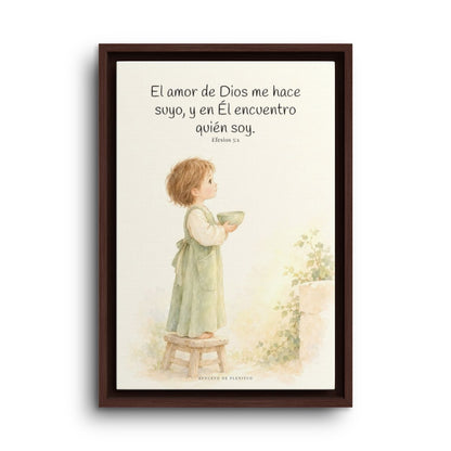 El amor de Dios me hace suyo | Cuadro de fe enmarcado | Efesios 5:1 — 12×18 pulgadas, marco espresso, vista frontal