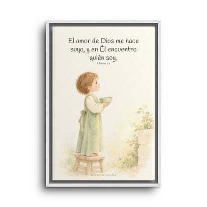 El amor de Dios me hace suyo | Cuadro de fe enmarcado | Efesios 5:1 — 16×24 pulgadas, marco blanco, vista frontal