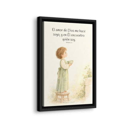 El amor de Dios me hace suyo | Cuadro de fe enmarcado | Efesios 5:1 — 12×18 pulgadas, marco negro, vista lateral del marco flotante