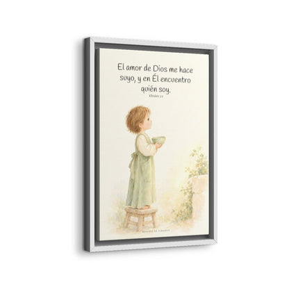 El amor de Dios me hace suyo | Cuadro de fe enmarcado | Efesios 5:1 — 12×18 pulgadas, marco blanco, vista lateral del marco flotante