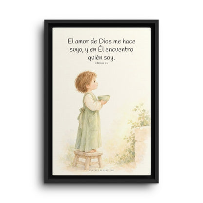 El amor de Dios me hace suyo | Cuadro de fe enmarcado | Efesios 5:1 — 12×18 pulgadas, marco negro, vista frontal