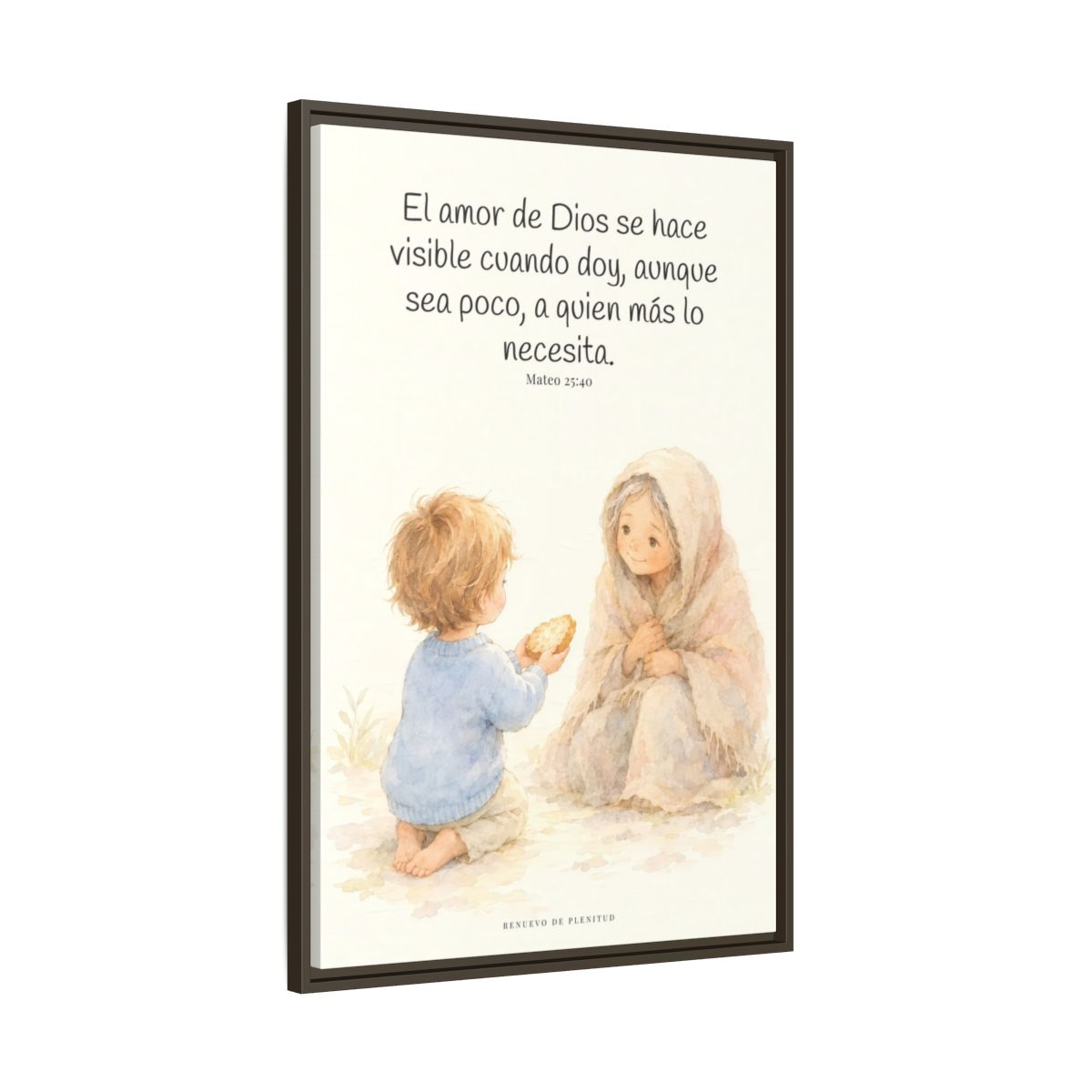 El amor de Dios se da en cosas pequeñas — Lienzo Cristiano Enmarcado | Mateo 25:40 — 24×36 pulgadas, marco espresso, vista lateral del marco flotante